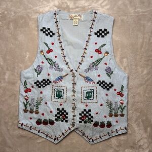 Vtg New Direction Vest Womens L Blue Check Embroidered Garden Spring Cottagecore